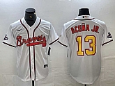 Men's Atlanta Braves #13 Ronald Acuna Jr White Gold 2021 World Series Champions Stitched Cool Base Jersey,baseball caps,new era cap wholesale,wholesale hats